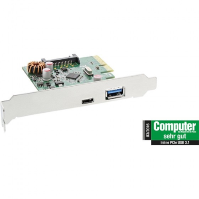 InLine Scheda USB 3.1 Host-Controller aggiuntiva. 2x porte esterne (1x Typ A 1x Typ C). PCIe ( PCI-Express ). Inc. staffa Low