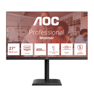 AOC MONITOR 27 LED IPS 4K UHD 16:9 4MS 75hz 400 CDM. PIVOT. DP/HDMI. USB-C. MULTIMEDIALE