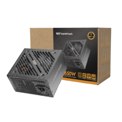 DARKFLASH EMT650 POWER SUPPLY. 650W. 100-240V INPUT. 20+4-PIN. 2X CPU 4+4-PIN. 2X PCIE 6+2-PIN