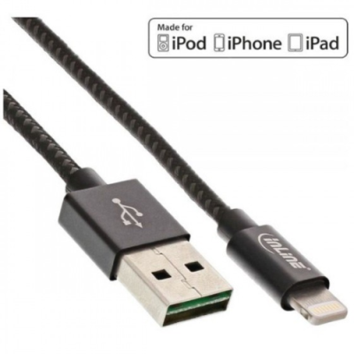 InLine Cavo Lightning USB. sincronizzazione dati e caricabatteria iPad. iPhone. iPod. Licenziato MFi. guaina tessuto nero/argent