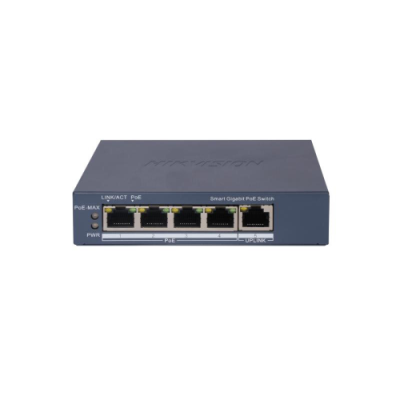 HIKVISION SWITCH L2. SMART MANAGED. 4 GIGABIT RJ45 POE PORTS. 1 GIGABIT RJ45 PORT. 802.3AF/AT. POE P