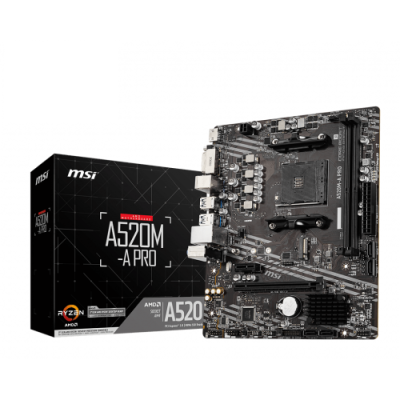 MSI MB AMD A520. A520M-A PRO AM4 2DDR4 11PCI-Ex16. 1M2. 4SATA3. 6USB3