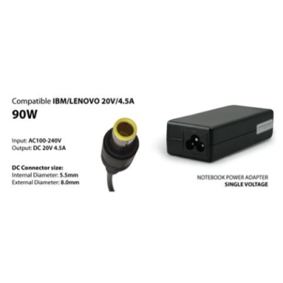 Alimentatore compatibile con notebook LeNovo da 90W 20.0V e 4.5A. Diametro del jack 8mm esterno e 5.5mm interno