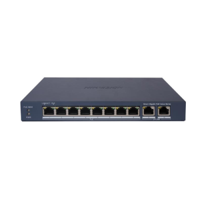 HIKVISION SWITCH L2. SMART MANAGED. 8 GIGABIT RJ45 POE PORTS. 2 GIGABIT RJ45 PORT. 802.3AF/AT. POE P