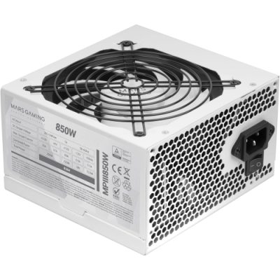 MarsGaming MPIII850. Alimentatore PC ATX 850W. 5 Anni Garanzia. Tecnologia Silenziosa AI-RPM. 85% Efficienza. Bianco