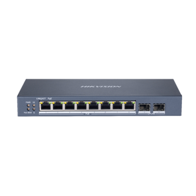 HIKVISION SWITCH L2. SMART MANAGED. 8 GIGABIT RJ45 POE PORTS. 2 GIGABIT RJ45 PORT. 802.3AF/AT. POE P