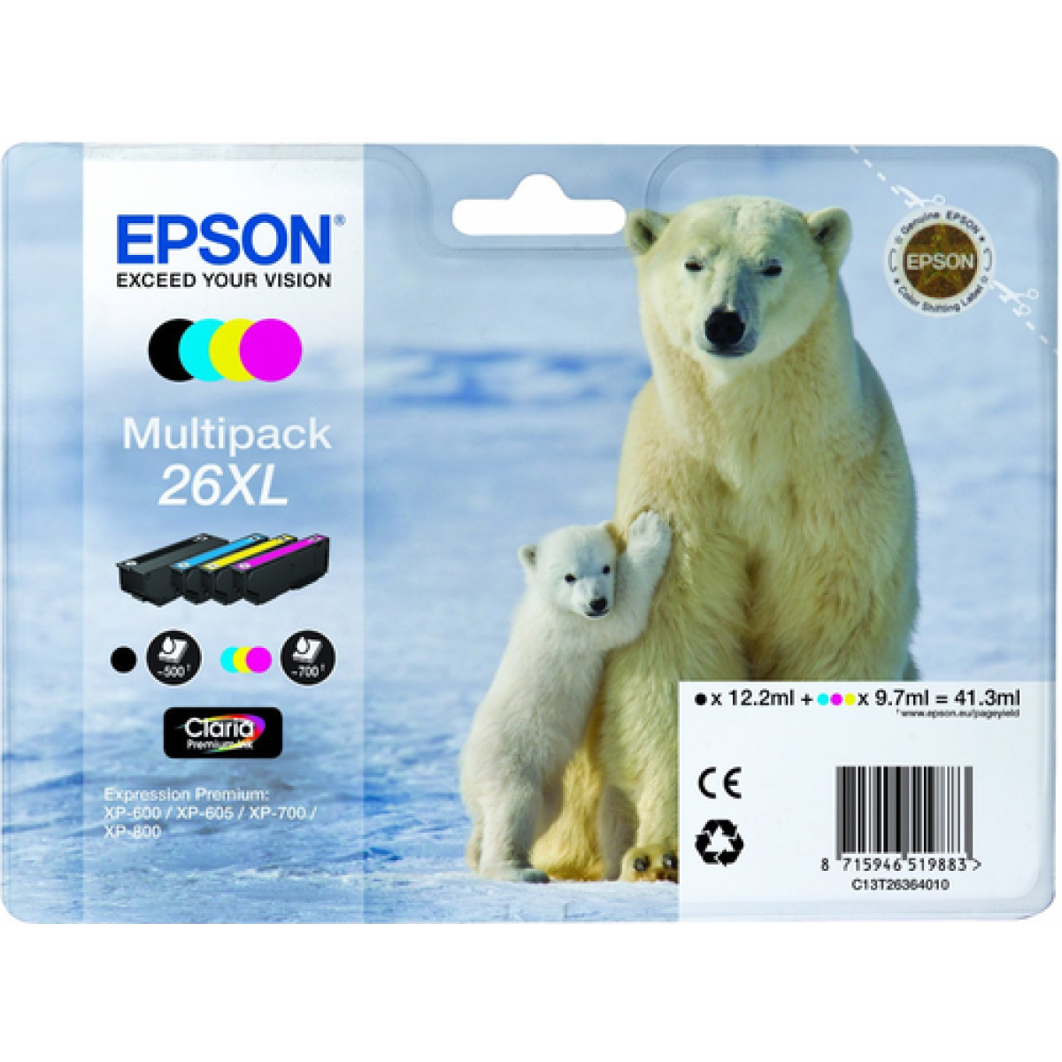 epson-cart-ink-multipack-per-xp-600605700800-serie-26xlorso-polare-t262140-t263240-t263340-t263440